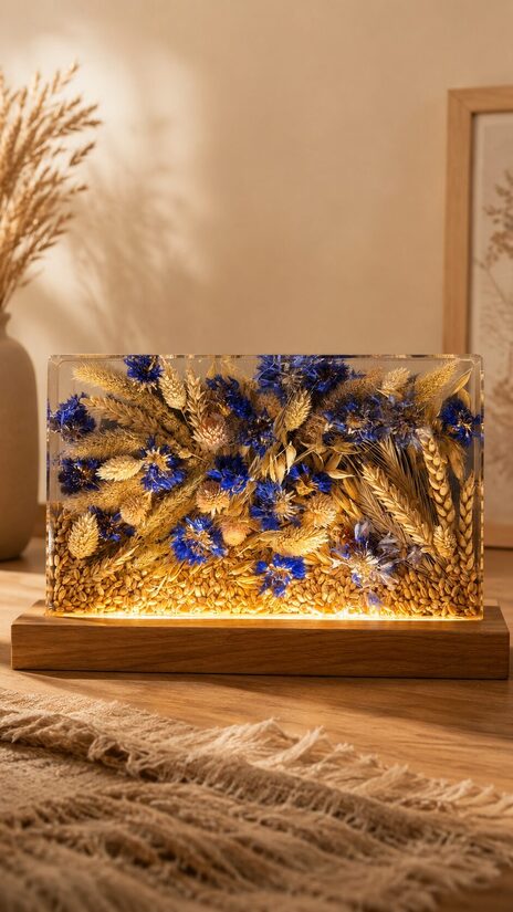 “KANTAINĀ” 25x15 cm Epoksīda sveķu lampa ar dabas elementiem