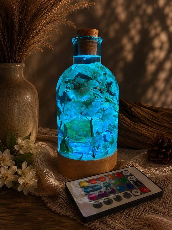 "PUDELE" 12 cm krāsaina Epoksīda sveķu lampa ar Jasmīna ziediem | SpiiidBotanics roku darbs